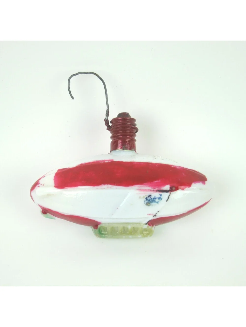 Vintage Milk Glass Zeppelin Bulb Christmas Ornament Red White Stripes Gold Blimp